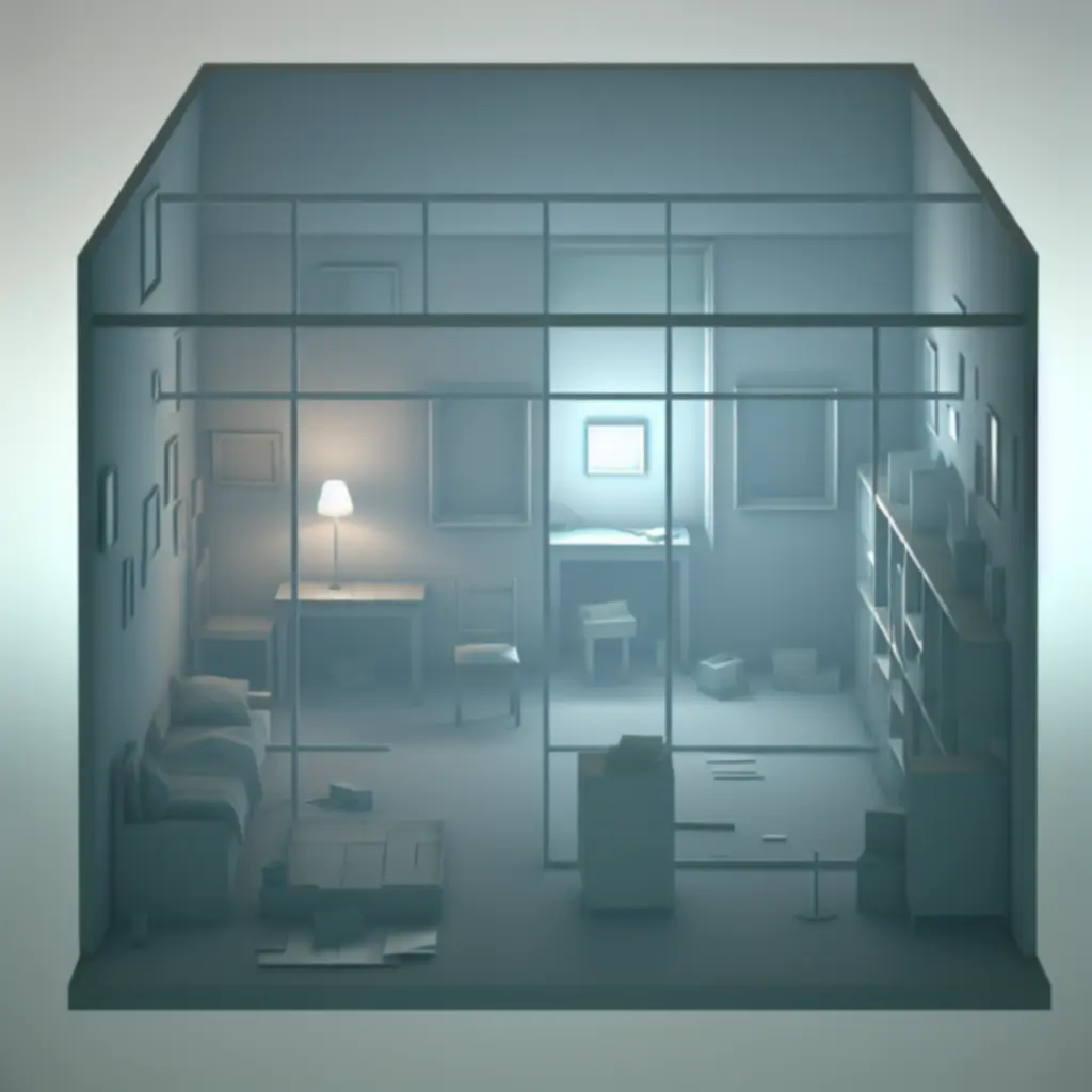 Pusty, dioramowy pokój w chłodnej, stonowanej palecie barw, budujący niepokojący nastrój.