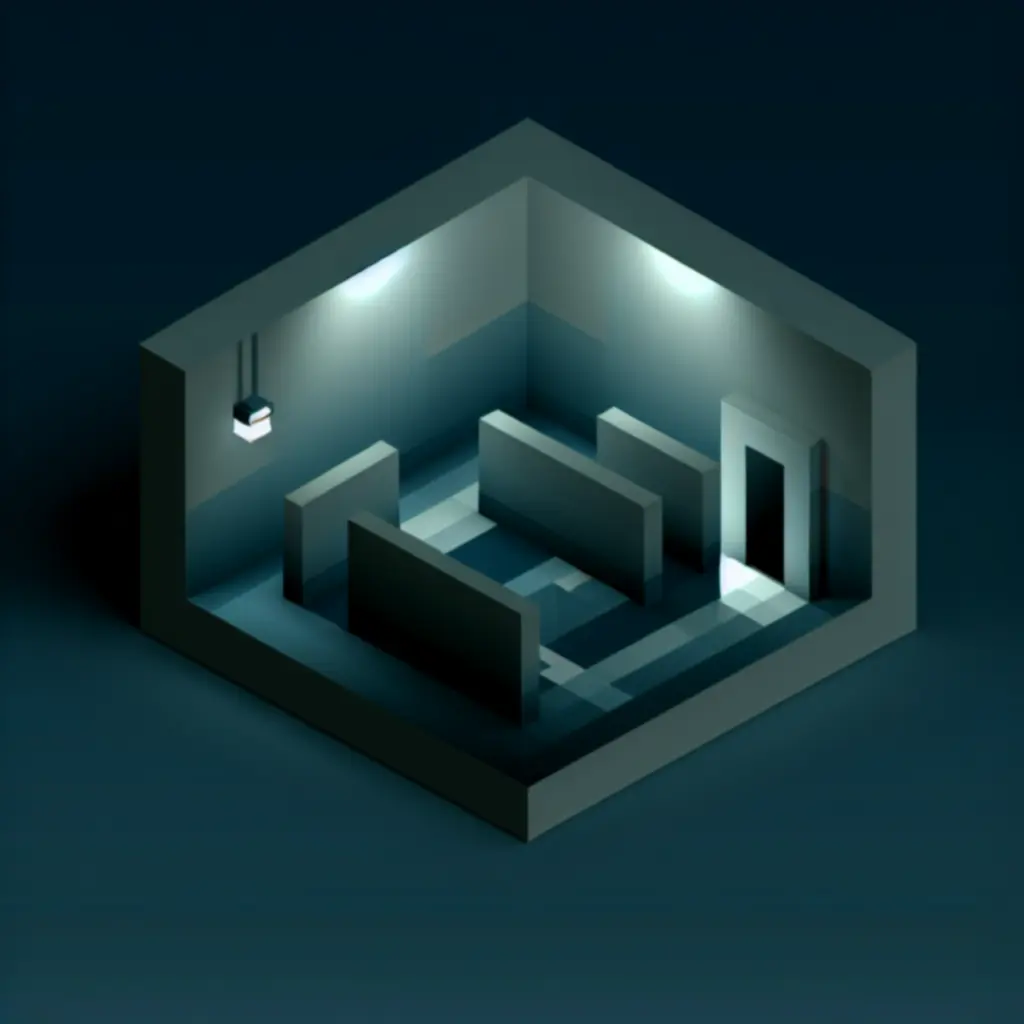 Wąski, chłodno oświetlony korytarz w stylu dioramy – scena z The Almost Gone