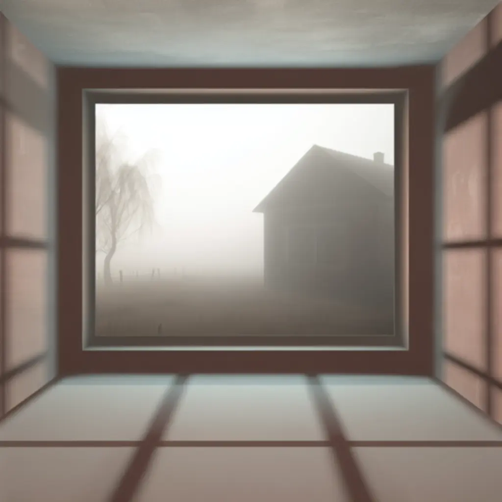 Widok przez zamglone okno z perspektywy pierwszoosobowej, podkreślający osobisty charakter narracji.